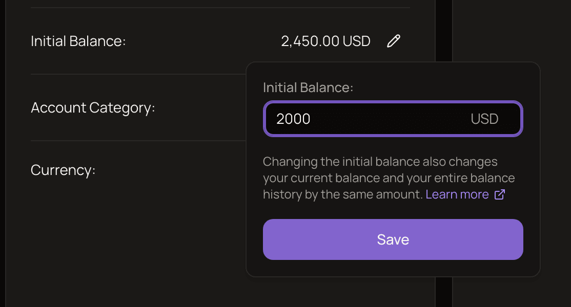 The Details tab of an account with the Edit initial balance popover open, showing the Initial Balance field, the hint with a Learn more link, and the Save button.