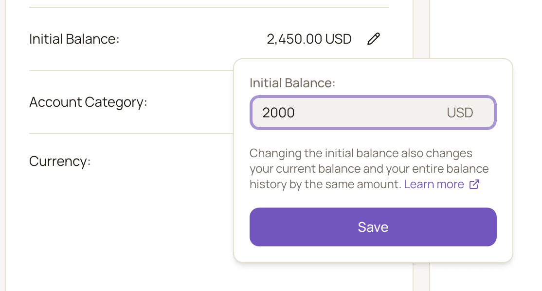 The Details tab of an account with the Edit initial balance popover open, showing the Initial Balance field, the hint with a Learn more link, and the Save button.