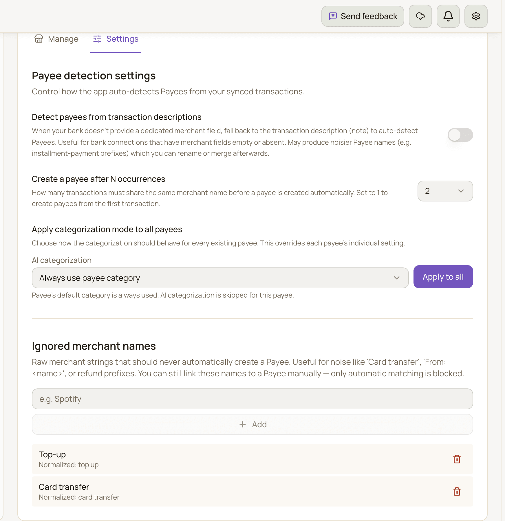 The Settings tab of the Payees page with the description detection toggle, the occurrence threshold, the bulk categorization mode and the ignored merchant names list.