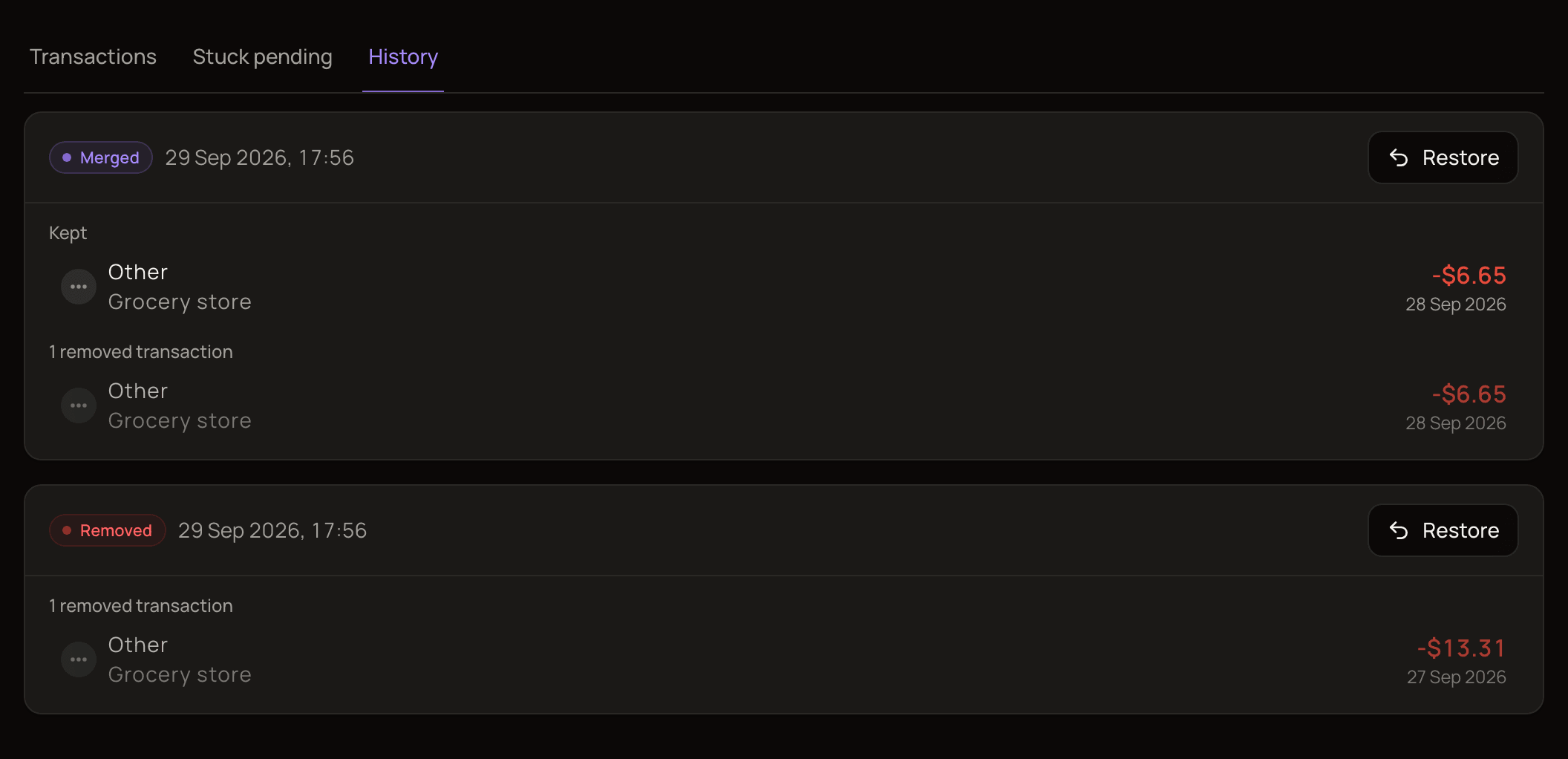 The History tab with a Merged entry showing the kept transaction and the removed one, and a Removed entry below it, each with a Restore button.