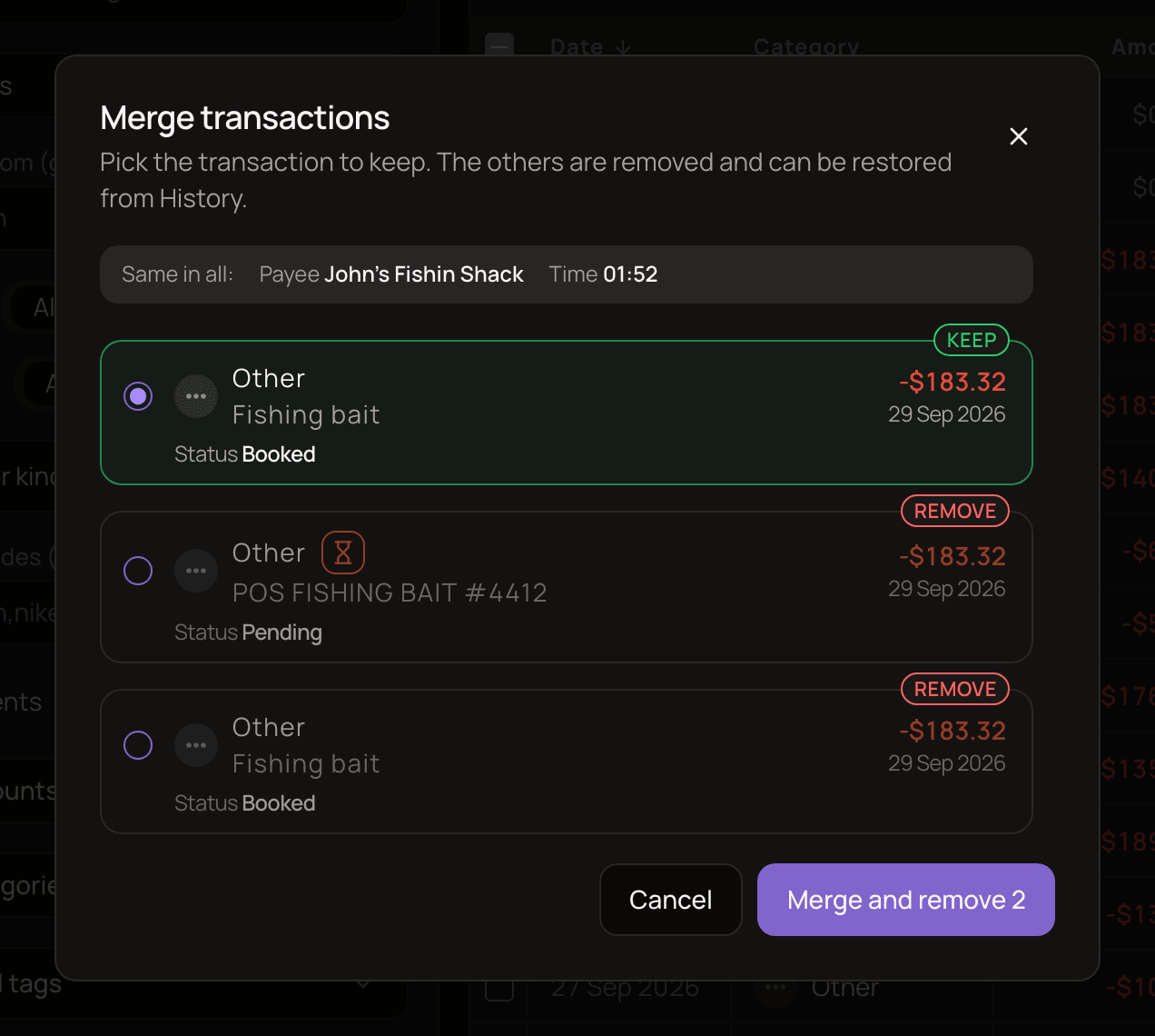 The Merge transactions dialog with three copies of the same payment: the details they share listed at the top, the booked one marked Keep, and a pending copy and a second booked copy marked Remove.