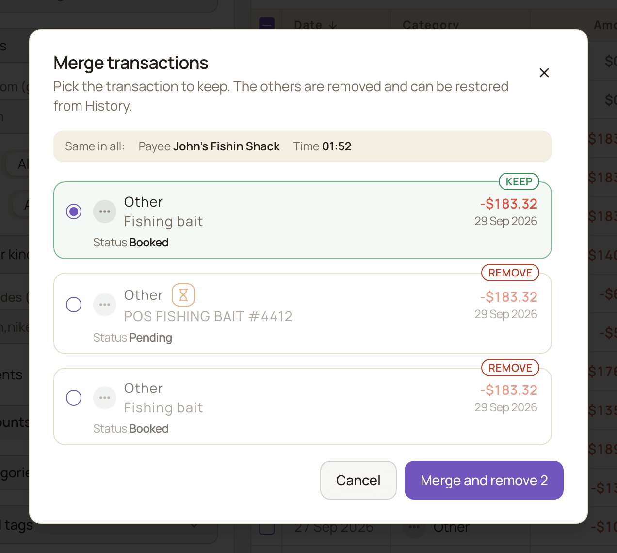 The Merge transactions dialog with three copies of the same payment: the details they share listed at the top, the booked one marked Keep, and a pending copy and a second booked copy marked Remove.