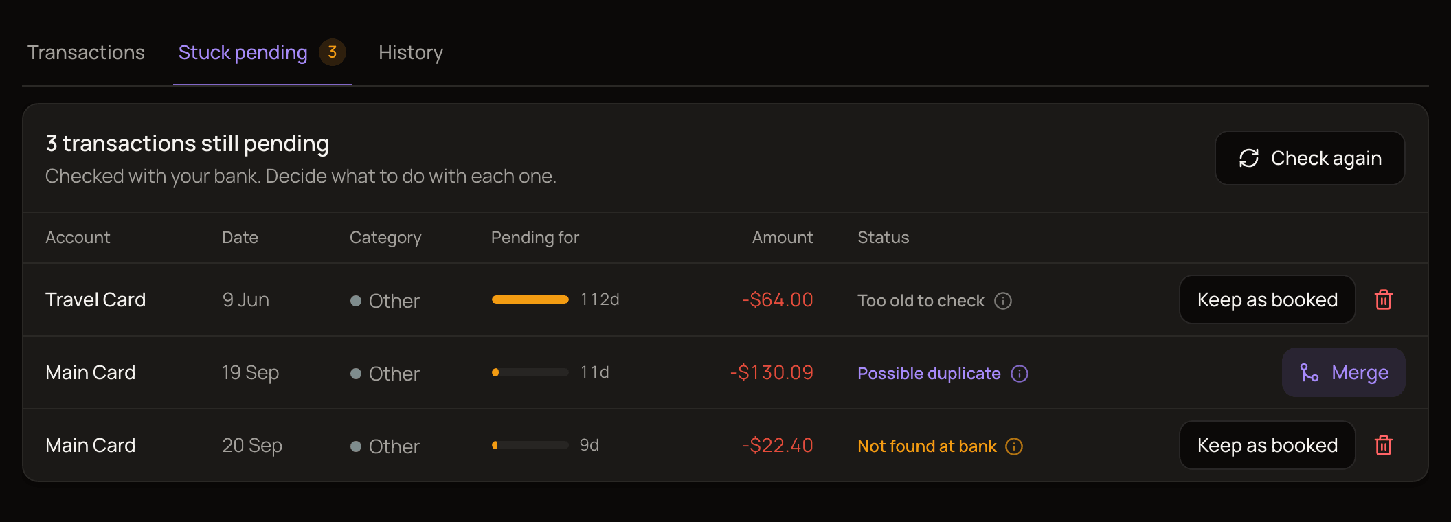 The Stuck pending tab after checking with the bank, listing pending transactions with their account, date, category, how many days they've been pending, amount, a status such as Possible duplicate or Not found at bank, and Merge or Keep as booked buttons.