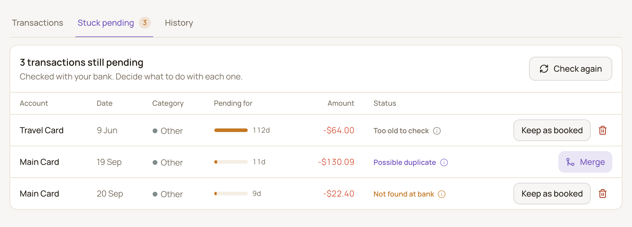 The Stuck pending tab after checking with the bank, listing pending transactions with their account, date, category, how many days they've been pending, amount, a status such as Possible duplicate or Not found at bank, and Merge or Keep as booked buttons.