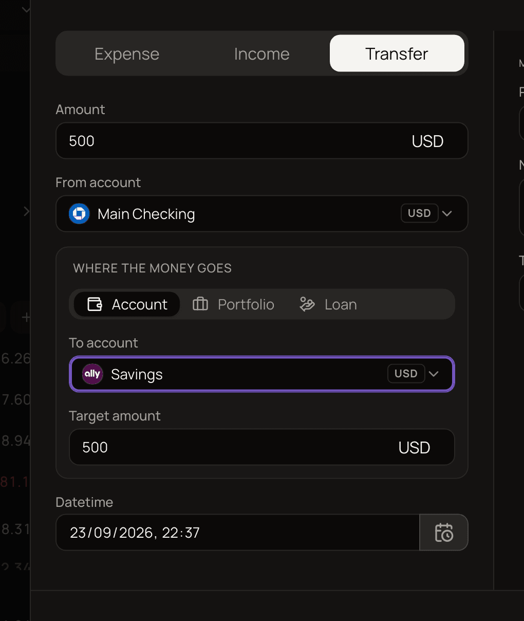 The Add Transaction dialog on the Transfer tab, with Amount 500, From account Main Checking, and the Where the money goes panel set to Account, To account Savings and Target amount 500.